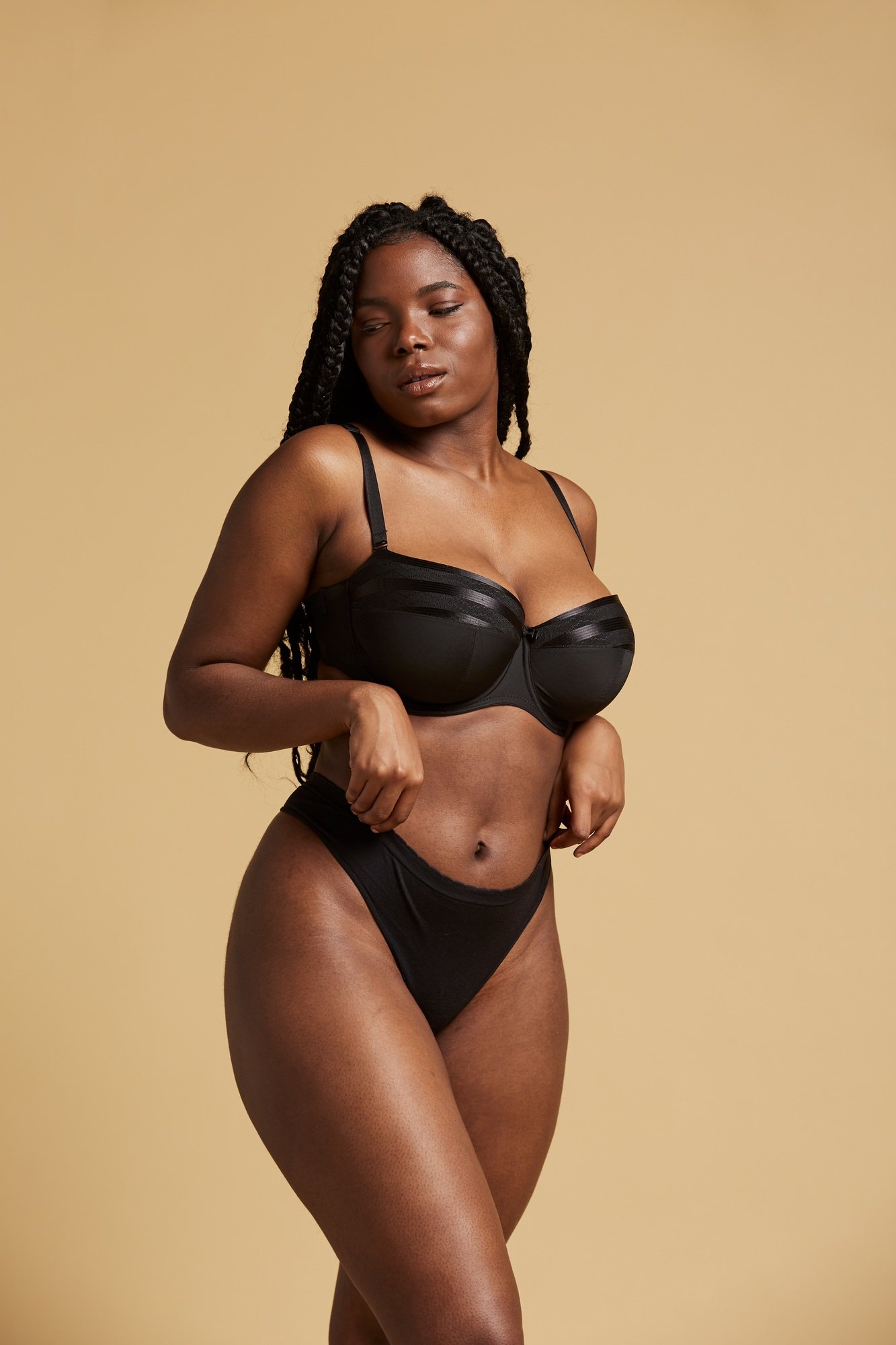 Plus size black model in underwear
